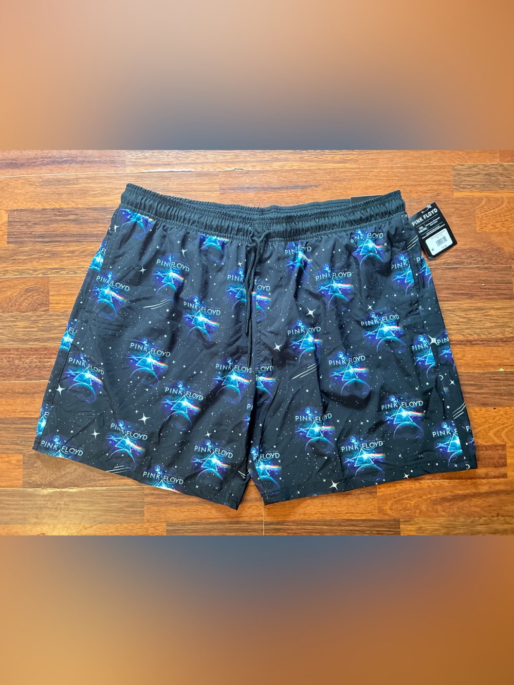 Pink Floyd Men’s Black Swim Trunks with Blue & Purple Cosmic Print